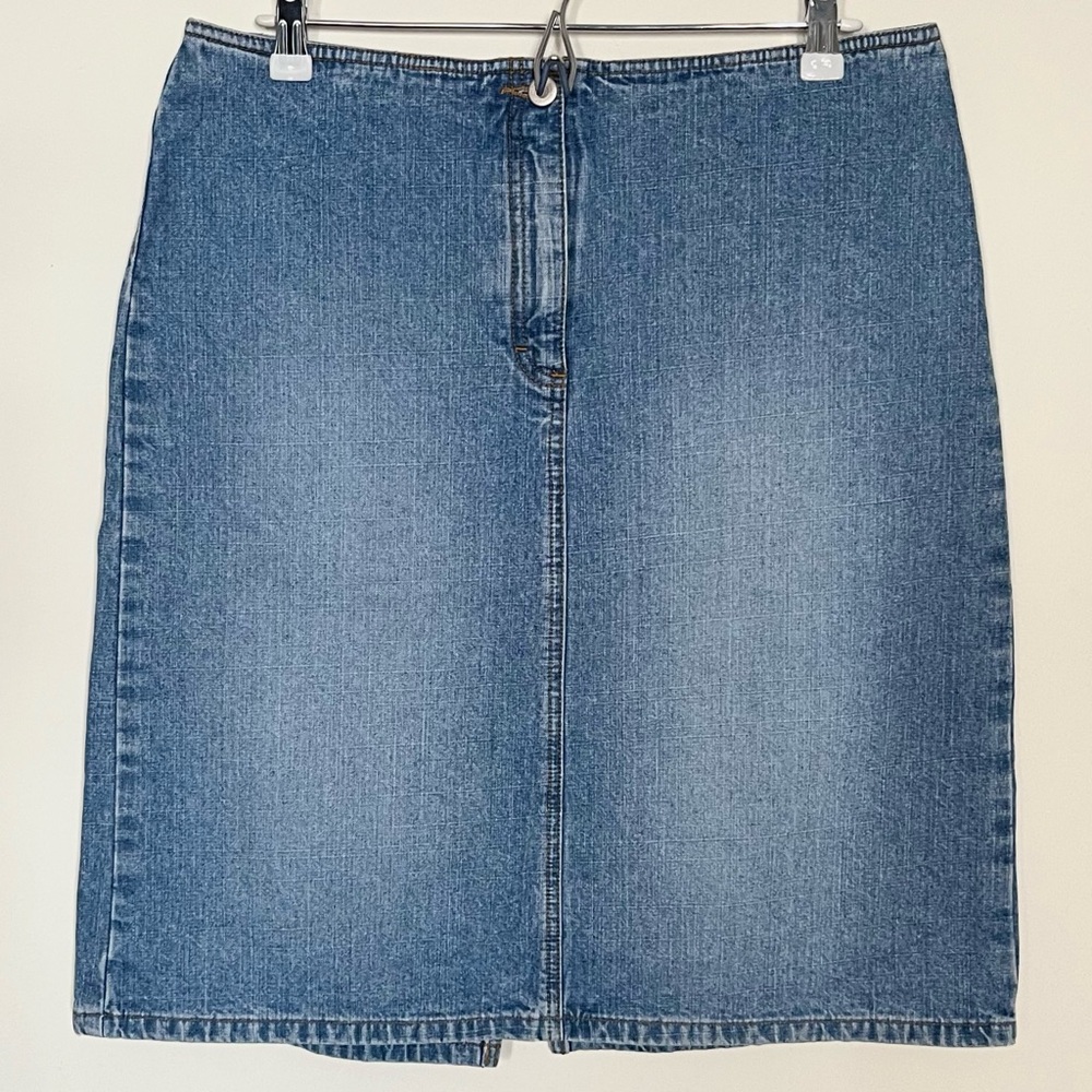 LOFT • 12 • Vintage Flat Front Knee Length Midi Denim Jean Skirt Split Back